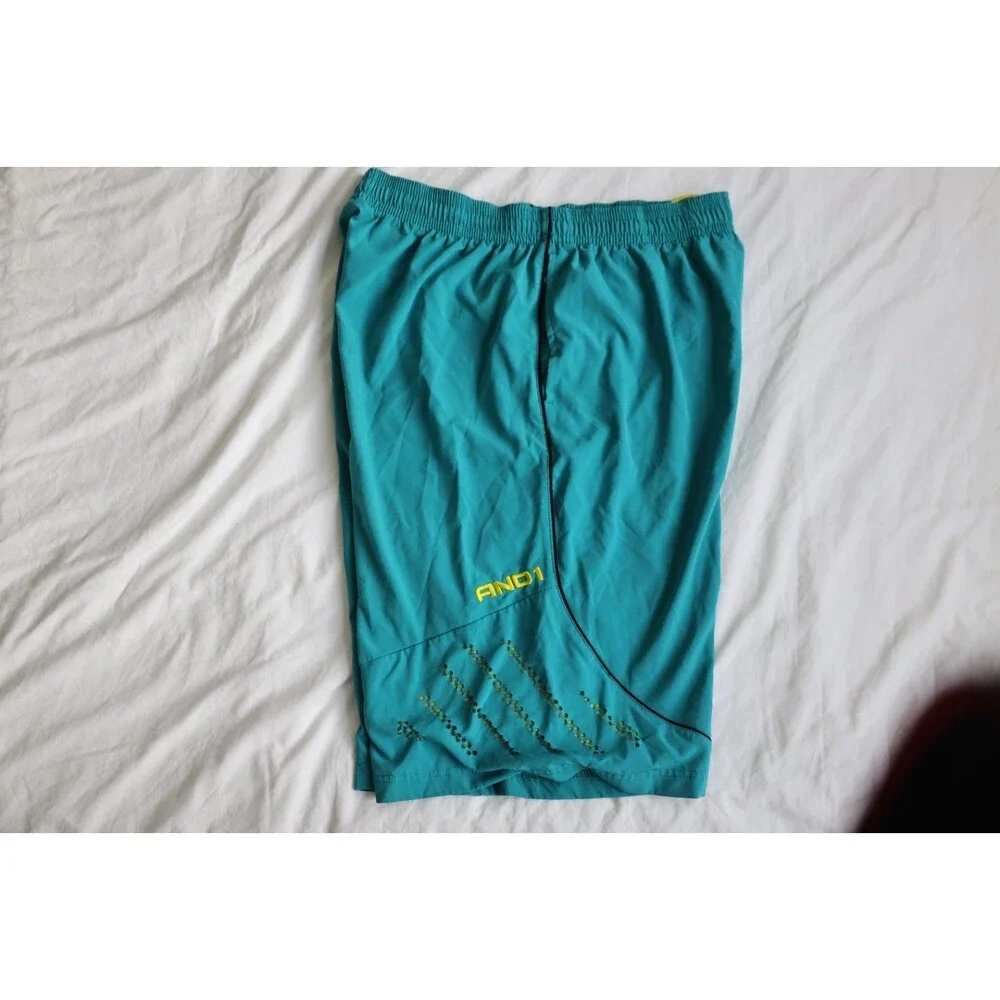 AND1 Basketball Shorts Mens Large Teal Yellow Black Vintage Style Baggy Athletic